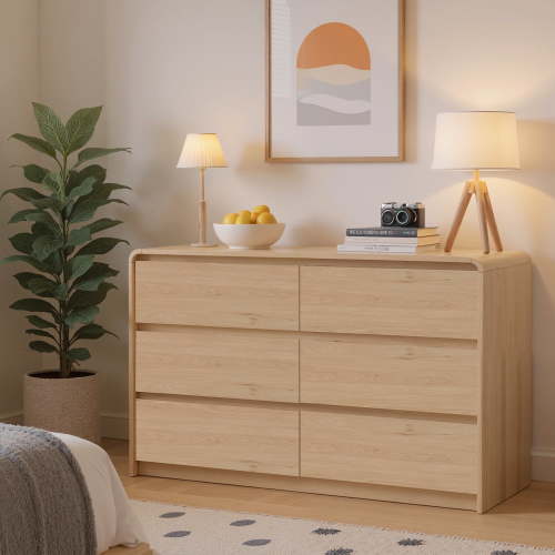 JULY'S SONG 6 Drawer Dresser with Smooth Curved Edges, Handless Wood Dressers for Bedroom, Chest of Drawers for Living Room, Light Brown