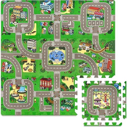 Sorbus Traffic Play mat Puzzle Foam Interlocking Tiles – Kids Road Traffic Play Rug - Children Educational Playmat Rug - Great for Playing with Toy Cars Trucks (9 Tiles with Borders)