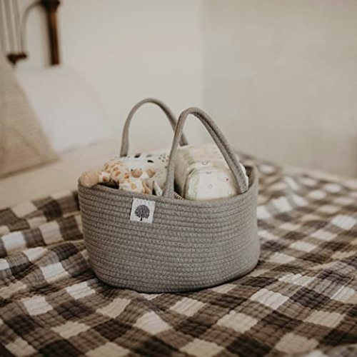 Parker Baby Rope Diaper Caddy Organizer - Nursery Storage Bin and Car Organizer for Diapers and Baby Wipes - Diaper Organizer for Baby Essentials - Gray