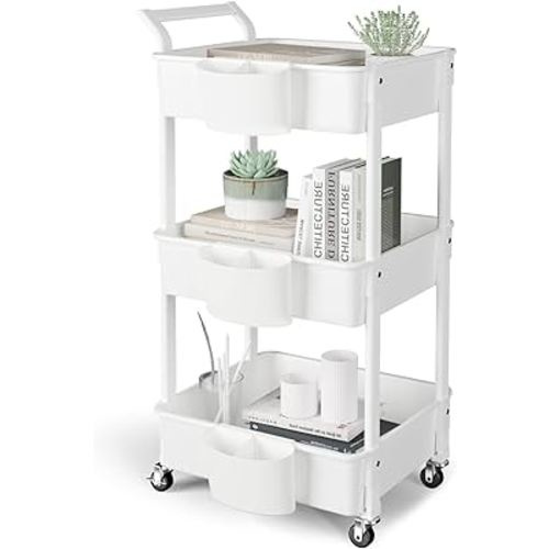 Hamone 3-Tier Utility Rolling Cart,Mobile Utility Cart with Lockable Caster Wheels,Storage Shelves Organizer Cart, 3 Hanging Baskets, Easy Assembly,for Bathroom, Kitchen, Office, Workshop,White