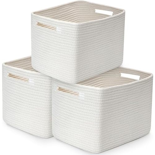 3 Pack Shelf Woven Storage Basket, 15 x 10 x 9” Closet Rope Baskets For Organizing, Square Bins with Handles, White