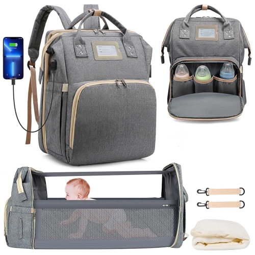 GPED Diaper Bag Backpack, Baby Changing Bag with Foldable Crib, Insulated Pockets, USB Charging Port, Gray