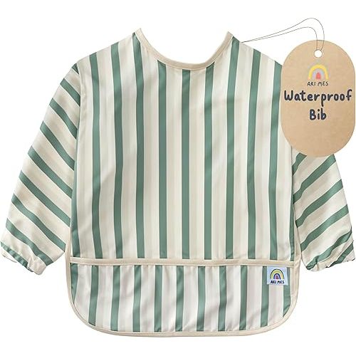 ARI MES Long Sleeves Waterproof Baby Bibs for Eating - Green Stripes, Small - Wearable, Coverall for Toddler, Long Sleeve Bib, Smock Apron for Feeding - Applicable for 6-72 Months