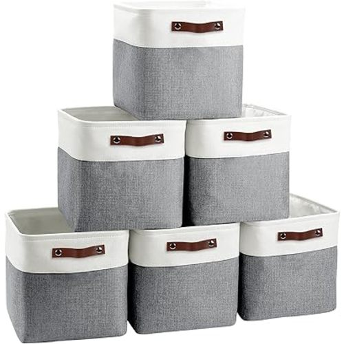 Cube Storage Baskets 6 Pack, 11x11 inch Foldable Cube Storage Bins with Leather Handles for Shelf Closet Nursery Toys (White/ Gray)
