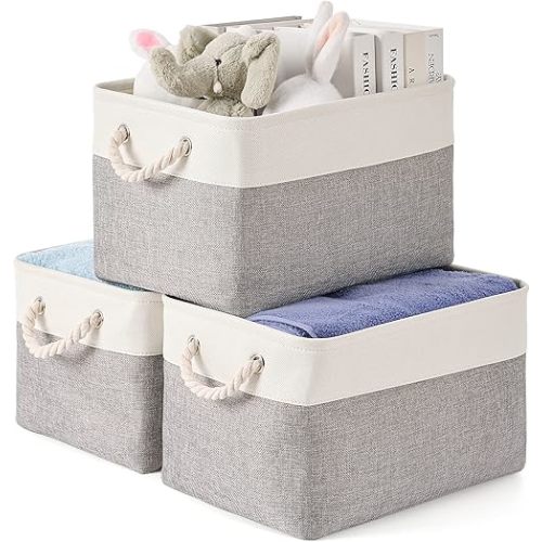 Storage Bins 3 Pack, Fabric Storage Basket for Collapsible Medium Canvas Storage Baskets for Organizing Shelf Nursery Home Closet with Cotton Rope Handle 15(L) x 11(W) x 9.5(H) inch(White&Grey-3PCS)
