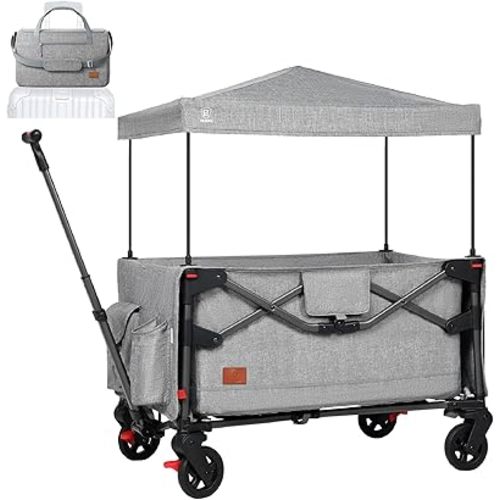 EVER ADVANCED Foldable into Bag Travel Wagon Stroller for 2 Kids & Cargo, Collapsible Toddler Wagon with Removable Canopy, Adjustable 5-Point Harness, Lightweight Carry-on Stroller for Airplane
