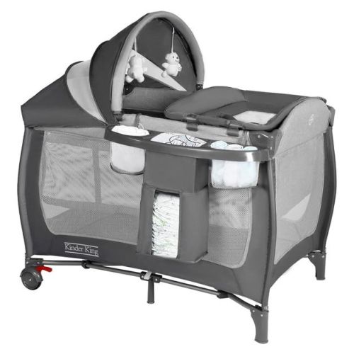 Kinder King 4-in-1 Portable Pack 'n Play with Bassinet, Changing Table, Adjustable Canopy, Storage Basket & Travel Bag – Infant to Toddler Playard