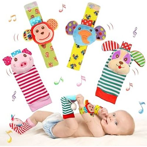 SSK Soft Baby Wrist Rattle Foot Finder Socks Set,Cotton and Plush Stuffed Infant Toys,Birthday Holiday Birth Present for Newborn Boy Girl 0/3/4/6/7/8/9/12/18 Months Kids Toddler,4 Cute Animals