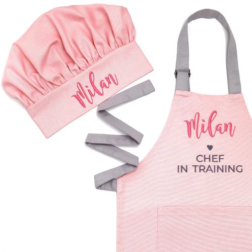 Personalized toddler apron for kitchen, custom cooking apron + chef hat set for kids, boy girl chef costume (18-36 months, pink)
