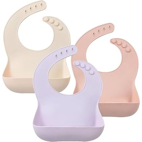 Ginbear Waterproof Silicone Bibs for Baby Girls, Toddler Silicon Feeding Bibs 3 Pack (Pink, Lilac, Ivory)