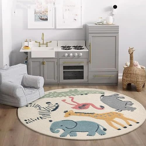 Poowe Cute Animals Kids Room Rug, 31.5" Round Washable Area for Baby Boys Girls - Non-Slip Soft Play Mat Floor Carpet for Living Room, Bedroom, Playroom, Classroom