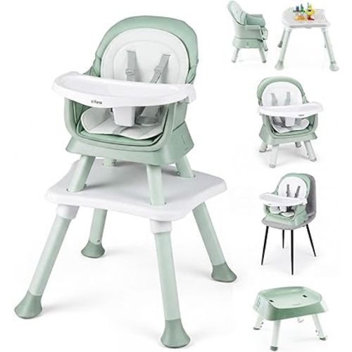 INFANS 8 in 1 Baby High Chair, Convertible Highchair for Babies and Toddlers, Infant Dining Booster Seat, Building Block Table, Kids Stool Table Chair Set with Removable Tray (Green)