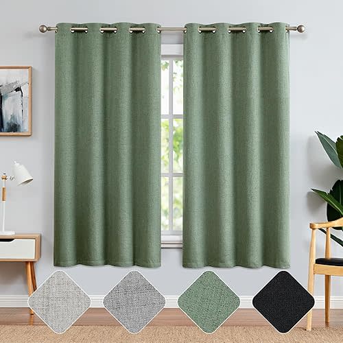 jinchan 100% Blackout Curtains for Bedroom, Linen Textured Curtains 63 Inch Length 2 Panels Set, Thermal Insulated Drapes for Living Room, Grommet Top Window Treatments, Heathered Sage Green