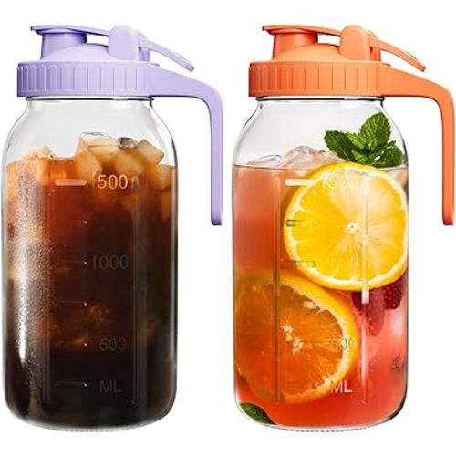 | 2 Pack | 64oz | Glass Mason Jar Pitcher with Lid and Spout, 2 Quart (1.9 Liter) Airtight Glass Water Jug Wide Mouth for Juice, Sun Tea, Iced Coffee, Milk Storage, Purple & Orange