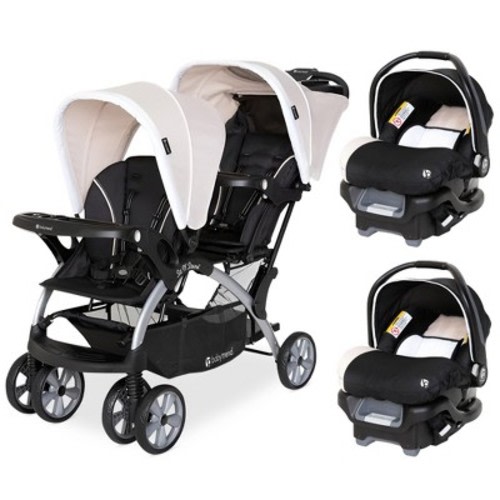 Baby Trend Sit N Stand Easy Fold Travel Double Baby Stroller and 2 Single Infant Car Seats Travel System with Safety Harnesses and Cover, Khaki