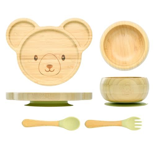 Bamboo Suction Plates Bowls Setfor Baby Toddler Divided Platter Food bowl with Silicone Fork & Spoon All-Natural Baby Feeding Set, Kids Feeding Essentials