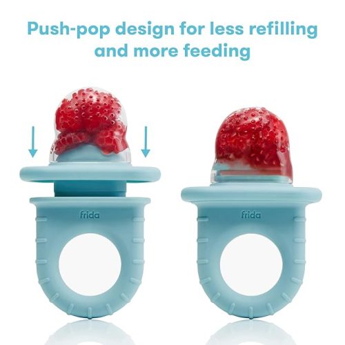 Frida Baby Push Pop Feeder, Baby Fruit Feeder, Baby Fruit Food Feeder to Safely Introduce New Foods, Fresh + Frozen Food Silicone Feeder for Babies, BPA Free, Dishwasher Safe | 3 Count, Blue - 3ct tip - Frida Blue