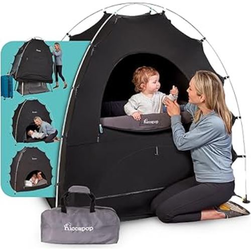 hiccapop Blackout Tent for Pack and Play, Patented Portable Crib Tent, Blackout Canopy Crib Cover, Sleep Pod for Kids, Black