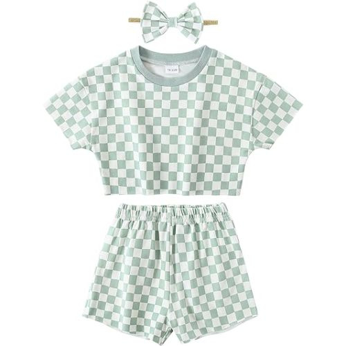 WESIDOM Toddler Girl Clothes Baby Girls Outfits 6M-5T Summer Floral Print Shirt+Shorts+Headband 3pcs Baby Clothing - W Green Checked - 12-18 Months