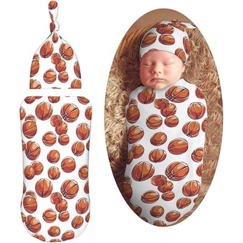 Cartoon Basketball Ball Pattern Newborn Swaddle Blankets Hat Sets Soft Baby Receiving Blanket Swaddle Sack for Baby Shower Infant Boy Girl Gift