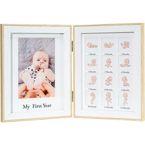 EXCELLO GLOBAL PRODUCTS Baby’s First Year Folding Picture Frame, Natural Wood Finish, Holds 1 4x6 Baby Photo, 12 Monthly Photos