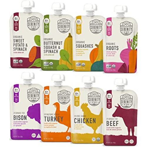 Serenity Kids 6+ Months Baby Food Pouches Puree Made With Ethically Sourced Meats & Organic Veggies | No Sugary Fruits or Added Sugar | Allergen Free | 3.5 Ounce BPA-Free Pouch | Variety Pack | 8 Count