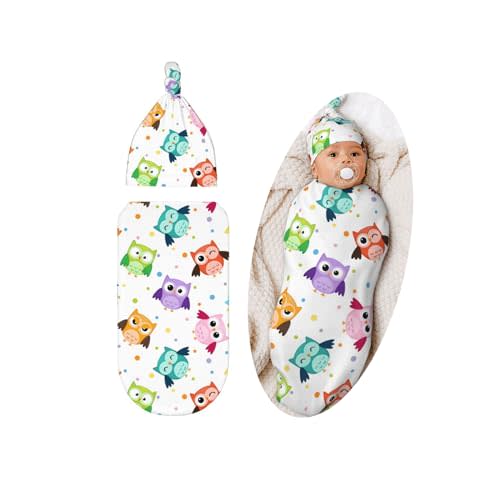 Cute Owls Baby Stuff Swaddle Blanket Set with Beanie Hat, Soft Newborn Sleeping Sack Receiving Blanket Shower Gift for Boys and Girls