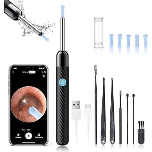 Ear Wax Removal - Earwax Remover Tool with 7 Pcs Ear Set - Ear Cleaner with Camera - FSA HSA Eligible - Ear Camera with 6 Ear Spoon - Ear Cleaner for iOS & Android (Black)
