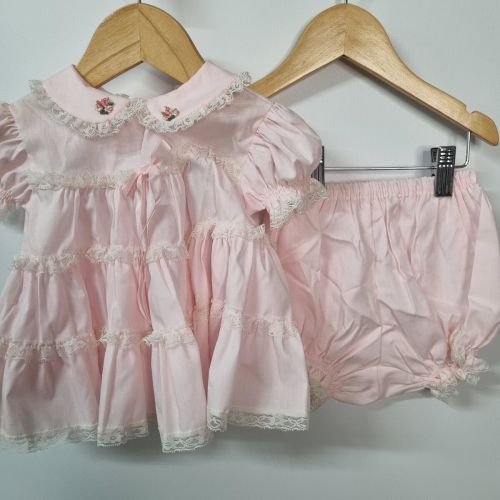 Set 2 Peice VTG Bryan Pink Ruffled Lace Circle Baby Dress Pinafore Bloomers 6-9