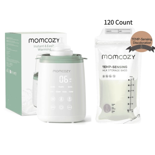 Momcozy Baby Bottle Warmer, 6-in-1 Smart Temperature Control, Fast Baby Food Heater, Steam Sterilizer & Momcozy Breastmilk Storage Bags, Temp-Sensing Discoloration Milk Storage Bags, 180ml/120 Count