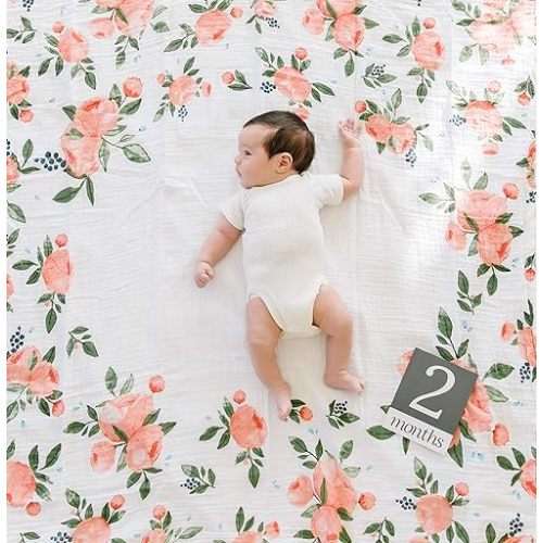 Little Unicorn Keepsake Monthly Milestone Photo Blanket – 47” x 46” – Milestone Cards Included - 100% Cotton Muslin – Machine Washable – Playful Designs - for Boys & Girls (Watercolor Roses)