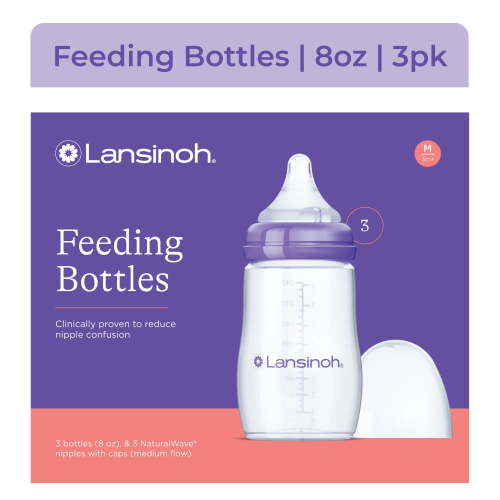 Lansinoh Anti-Colic Baby Bottles for Breastfeeding Babies, 8 fl oz, 3 Medium Flow Nipples HSA/FSA Eligible