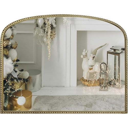 Antique Gold Arched Wall Mirror - 36"x28" with Metal Beaded Frame | Decorative Accent Mirror for Fireplace, Bedroom, Living Room, Dresser, Mantle