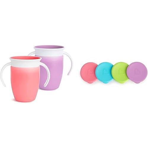Munchkin® Miracle® 360 Trainer Sippy Cup with Handles, Spill Proof, 7 Ounce, 2 Pack, Pink/Purple & Miracle® 360 Sippy Cup Lids, 4 Count, Pink/Blue/Green/Purple