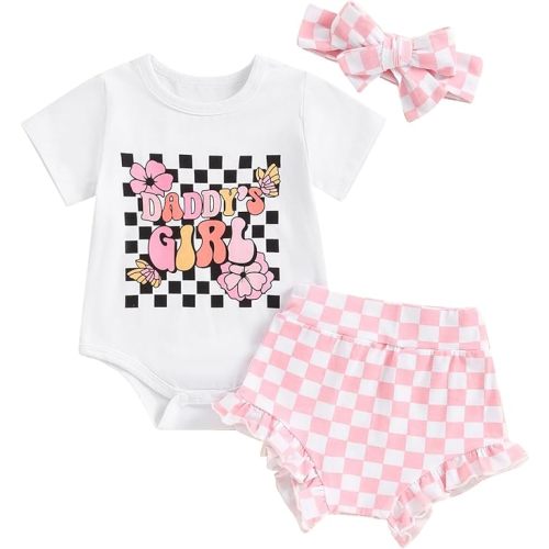 Newborn Baby Girl Summer Outfit Daddy Mama Girl Short Sleeve Romper Checkerboard Shorts Headband 3Pcs Clothes Set