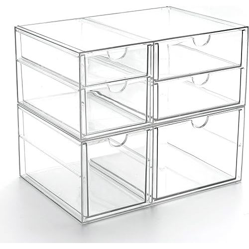 Prsildan Acrylic Drawer Makeup Organizer with 6 Drawers, Set of 2 Office Desk Organizers Accessories, Clear Stackable Storage Drawers for Vanity, Countertop, Craft, Jewelry, Art Supply Organization