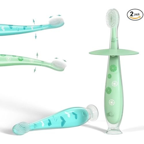Infant Baby Toddler Kid Toothbrush:Chewable Extra Soft Bristle Beginner Brushing Teeth for 2 Months - 5 Year Old Stage 1 - 3 Age Training First Suction Tooth Brush Set Bpa Free - MT2404