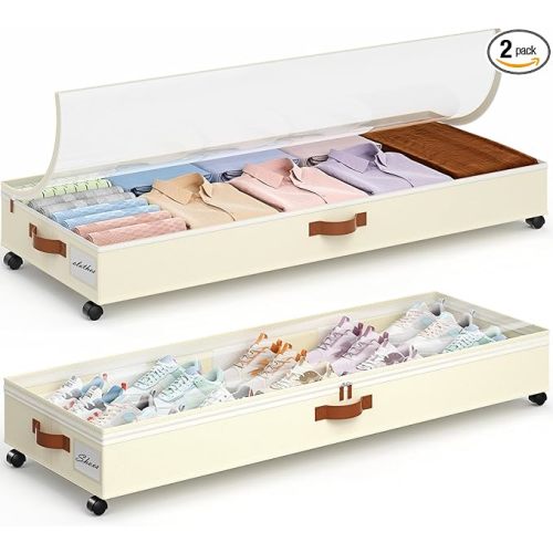 Yecaye Under Bed Storage with Wheels, 2 Pack Under Bed Storage Containers with Adjustable Dividers & Clear Window, 85L Rolling Underbed Organizer Bins Drawers for Clothes, Shoes, Blankets Toys, Beige