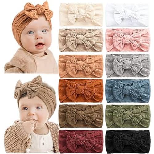 Prohouse 12 PCS Baby Headbands Handmade Super Stretchy Soft Nylon Hairbands Hair Bows Hair Accessories for Baby Girls Newborn Infant Toddlers Kids(Clay)
