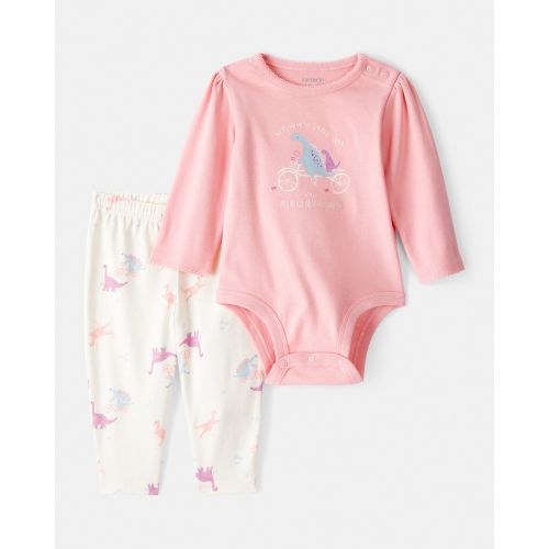 Baby Girl 2-Piece Dinosaur Print Cotton Long-Sleeve Bodysuit & Pant Set - Pink/White | Carter's
