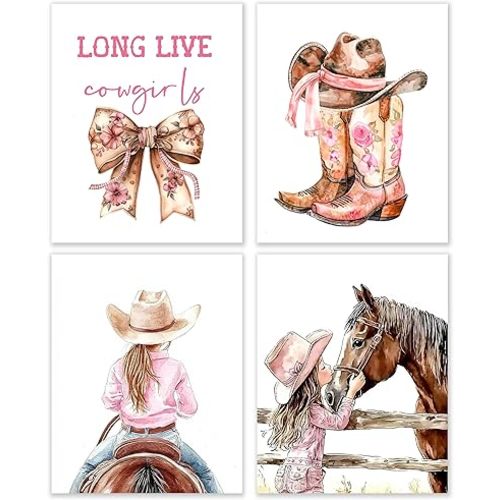 BESERH Cowgirl Nursery Wall Decor, Farmhouse Western Wall Art Prints, Coquette Bow Rustic Country Cowgirl Western Posters for Toddler Girls Room Nursery, 8x10 Inches Set of 4 Unframed