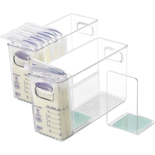 Breastmilk Storage Container with L Shaped Dividers to Flatten Standing Breast Milk Bags in Organizer Bins Save Refrigerator Space | 2 Containers with 4 Removable Separator Boards - Green