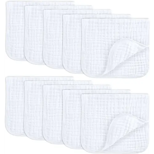 Muslin Burp Cloths 20" x 10", Pack of 10 - Large, 6-Layer, Ultra Absorbent 100% Cotton for Baby Drool and Messes - Soft, Safe & Gentle Baby Burp Cloths for Boys & Girls - White