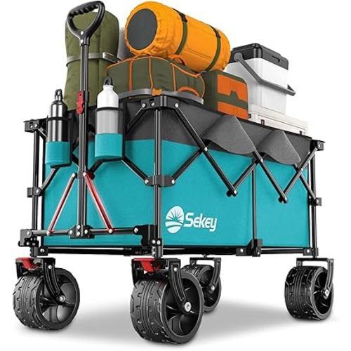 Sekey 220L Collapsible Foldable Wagon with 330lbs Weight Capacity, Heavy Duty Folding Utility Garden Cart with Big All-Terrain Beach Wheels & Drink Holders. Turquoise