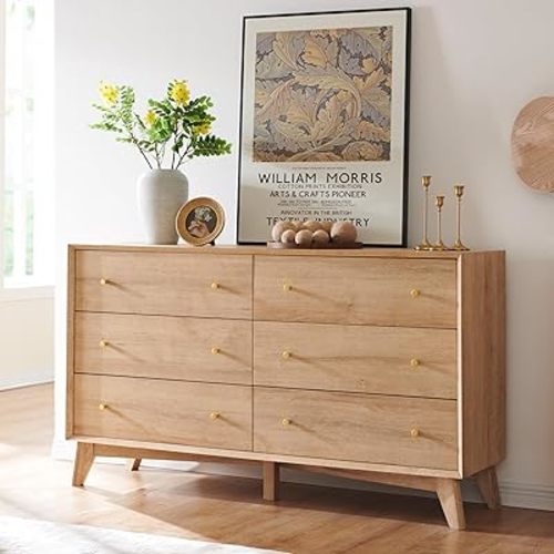 RedLemon 6 Drawer Dresser, 54" Wide Mid Century Modern Chest of Drawers, Beveled Profile Design, Wood Drawer Organizer for Bedroom, Living Room, Hallway, Natural Oak Color