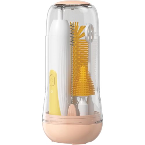 Travel Electric Baby Bottle Brush Set with Electric Bottle Cleaner and Water Bottle Brush and Nipple/Straw Brush,Milk Frother and Drying Rack(Yellow)