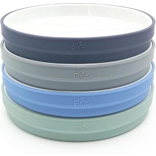 Elk and Friends Kids 7.8” Porcelain White Plates with Silicone Sleeves | Suitable for Kids/Toddlers | Microwave & Dishwasher Safe | Non Slip | Snack Dishes