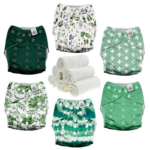 Mama Koala 3.0 Pocket Cloth Diapers for Babies with AWJ Lining, 6 Pack with 6 4-Layer Natural Cloth Diaper Inserts - Reusable and Washable Pocket Diapers (Love Green)