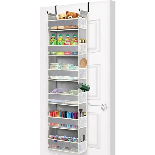 Over The Door Organizer 6-Shelves and 12 Side Pockets, Over The Door Storage for Bathroom Bedroom Nursery, Hanging Door Organizers for Baby Diapers and Kids Toys (13"x5"x54", Grey)