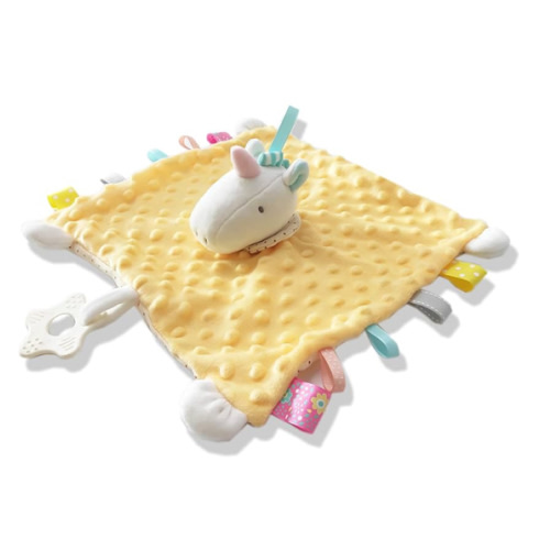Yellow Unicorn Security Blanket with Tags Lovey Teether Toys Infant Stuffed Animal Taggy Blanket Soft Plush Minky Dot Baby Snuggle Blanket with Rattle Crinkle, Shower Gift for Newborn Infant
